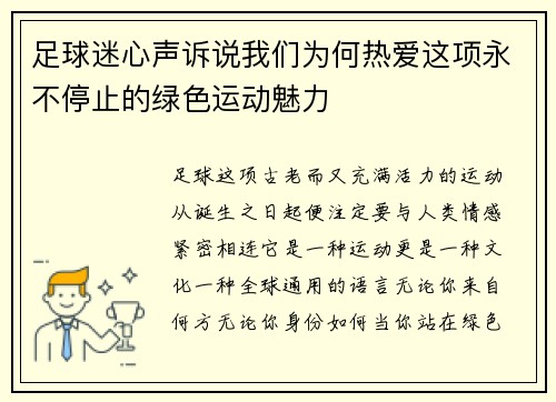 足球迷心声诉说我们为何热爱这项永不停止的绿色运动魅力